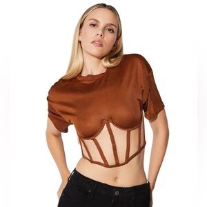 NEW RTA Angelo Short Sleeve Corset Mesh Top Cognac Brown Large